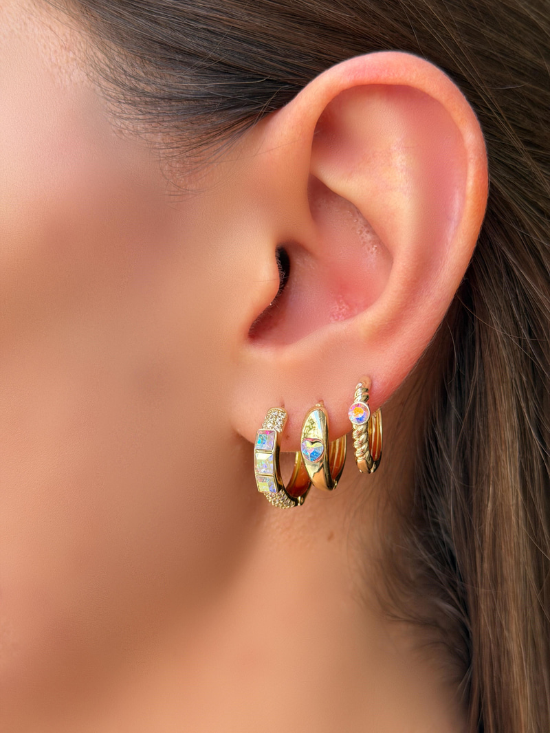 Özel Seri Üçlü Swarovski Taşlı Halka Küpe Gold