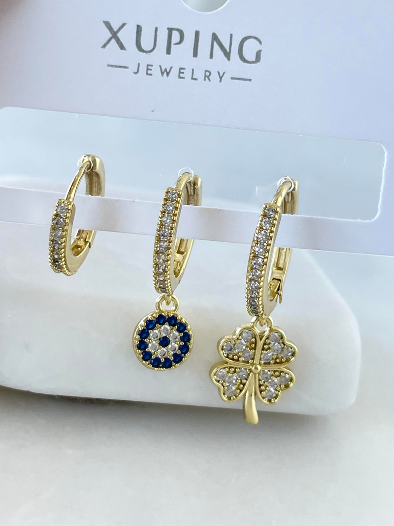Özel Seri Üçlü Yonca ve Nazar Boncuklu Küpe Gold