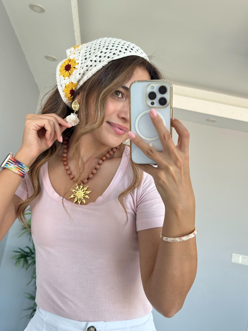Çiçek Kenarlı Örgü Bandana Sarı