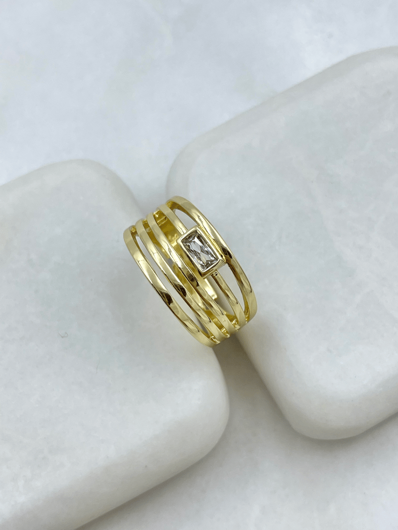 Altın Kaplama Kare Kristal Taşlı Beş Sıra Yüzük Gold