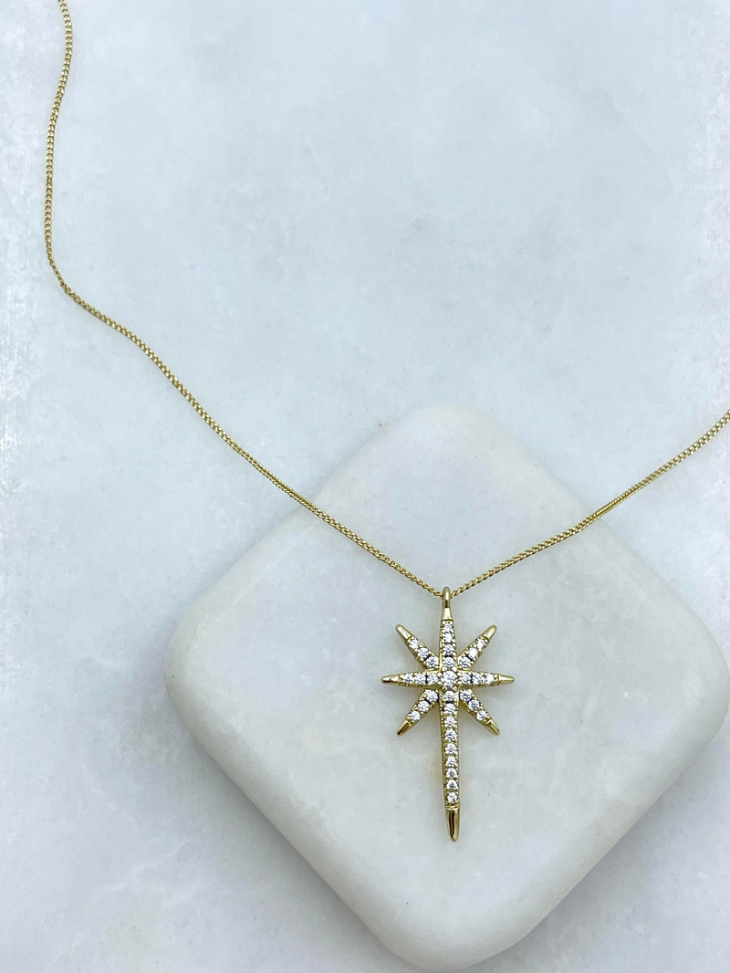 Özel Seri Gömme Taşlı Kuzey Yıldızı Minimal Zincir Kolye 45 cm Gold