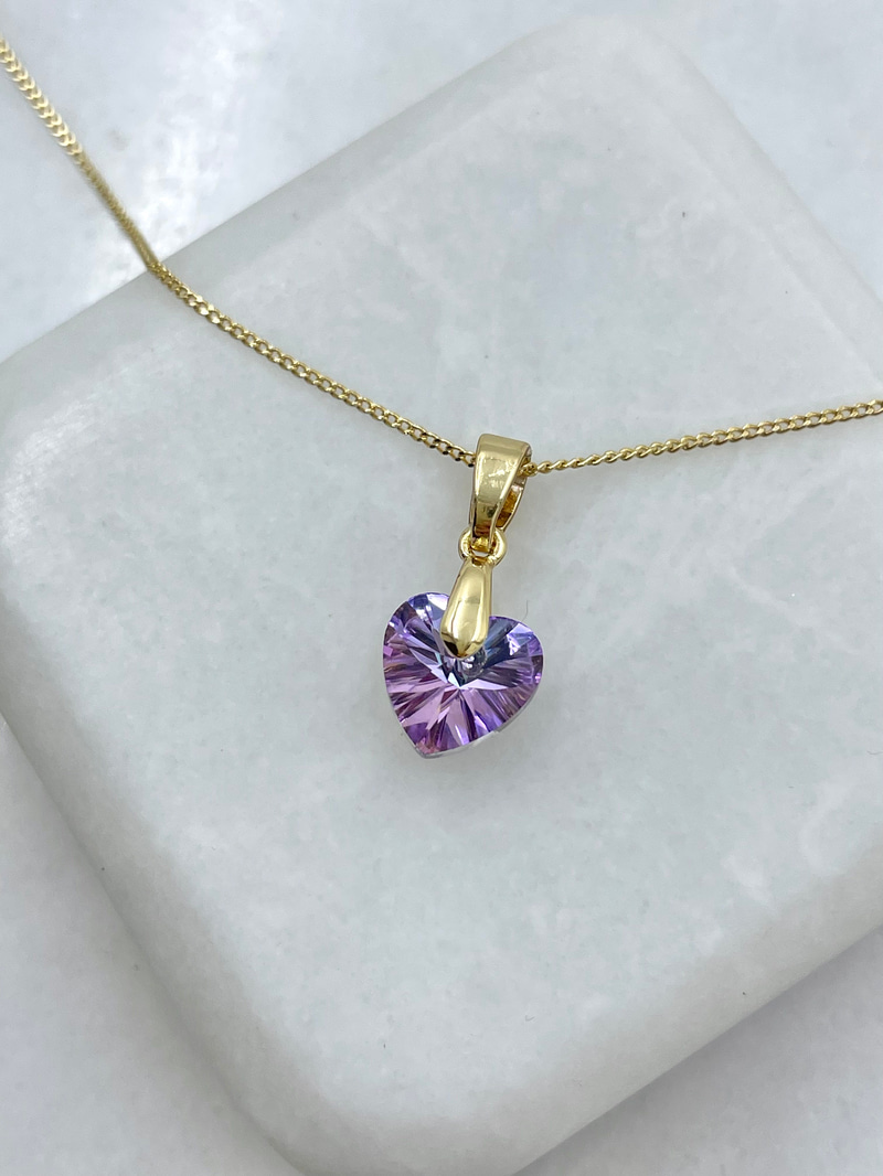 Özel Seri Mor Swarovski Taşlı Minik Kalp Kolye Gold