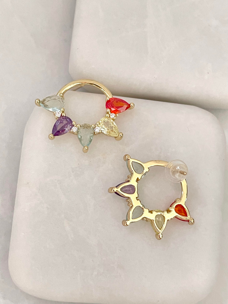 Altın Kaplama Renkli Damla Kristal Taşlı Daire Küpe Gold