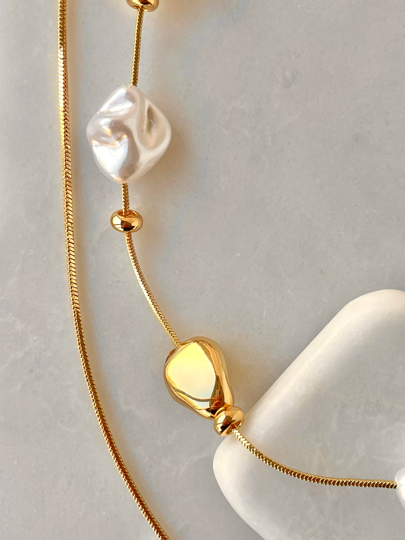 Altın Kaplama Gold Detaylı ve İncili İkili Kolye