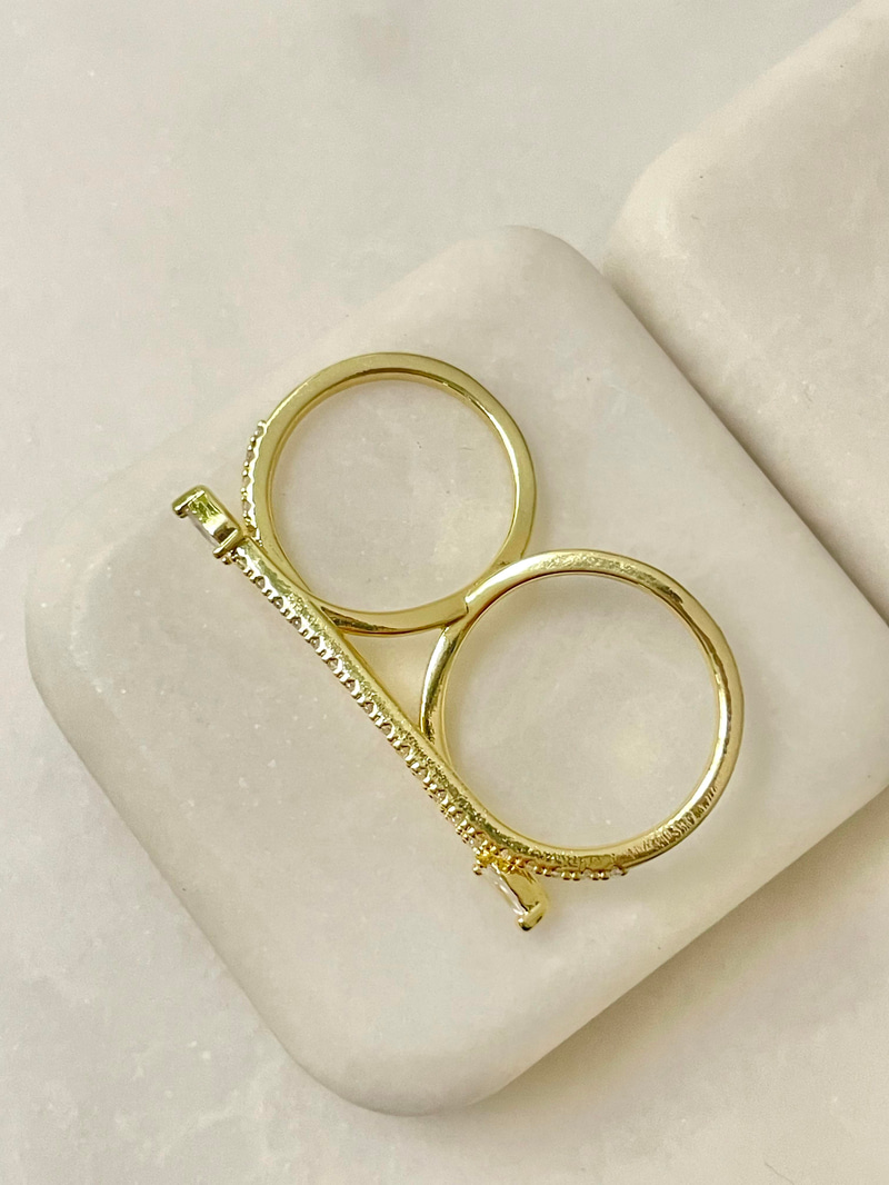 Altın Kaplama Kristal Taşlı Tasarım İkiz Yüzük Gold