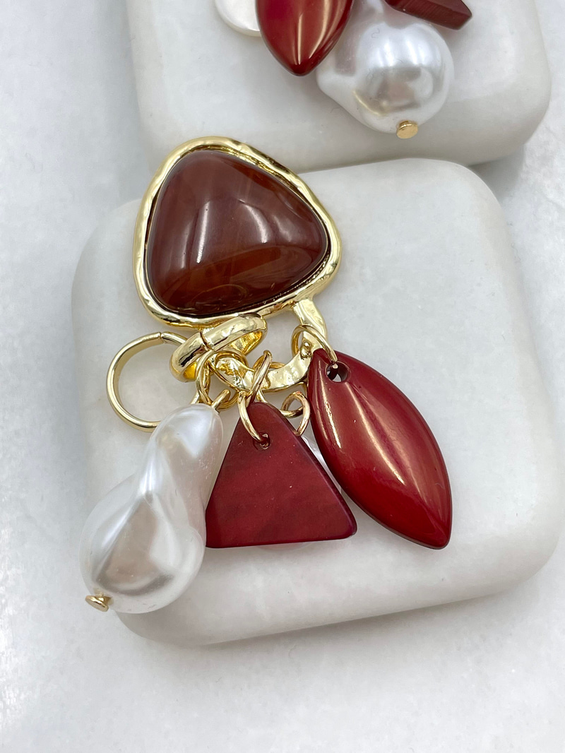 Altın Kaplama İnci Sallantılı Opal Taşlı Vintage Küpe Bordo