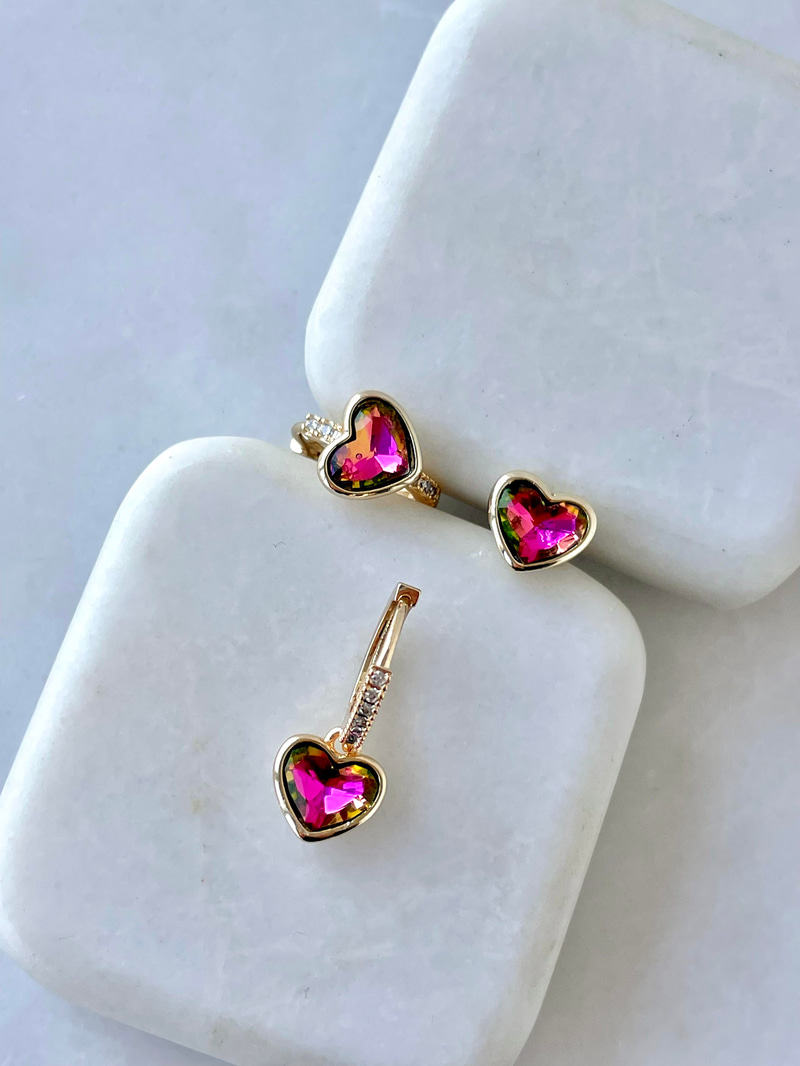 Özel Seri Üçlü Yansımalı Kristal Kalp Küpe Pembe