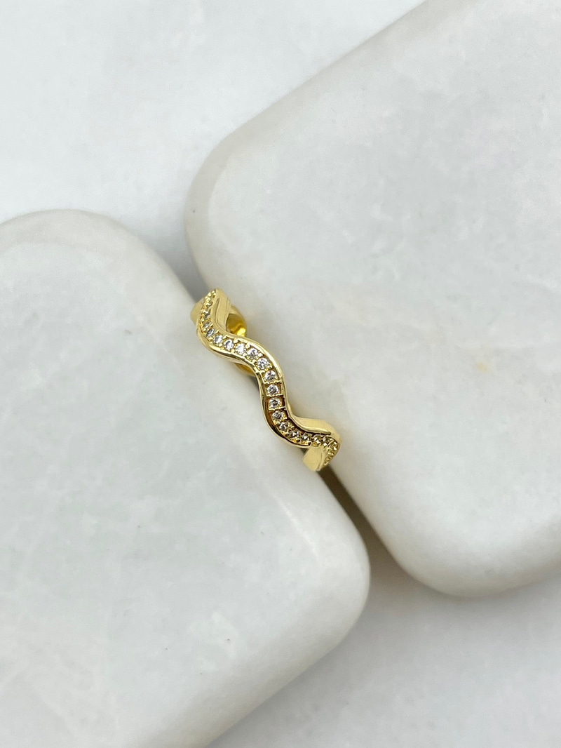 Zirkon Taşlı Dalga Model Yüzük Gold