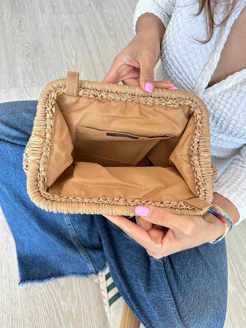 El Örgüsü Hasır Clutch Çanta Camel