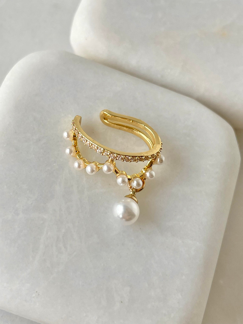 Gömme Taşlı İnci Sallantılı Kıkırdak Küpe Gold