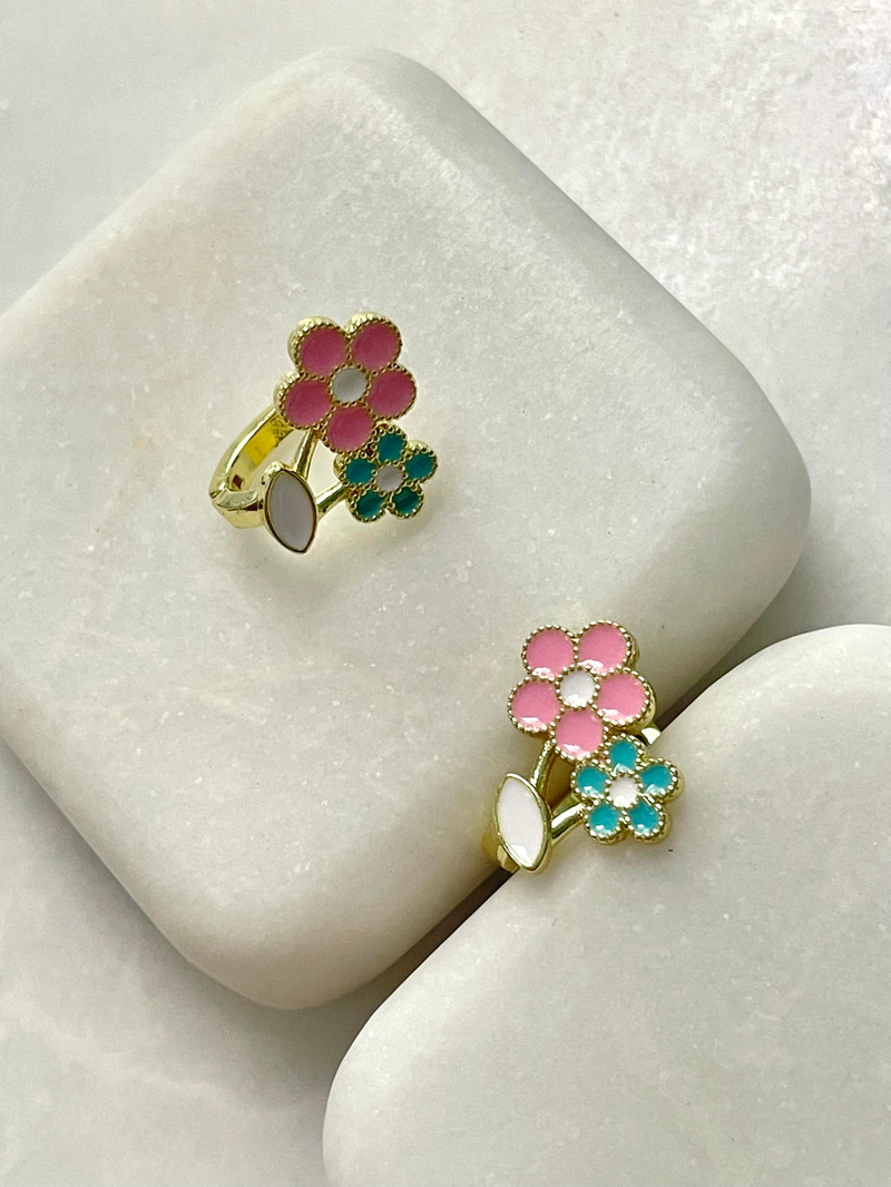 Altın Kaplama Pembe Mavi İkili Çiçek Çocuk Küpesi Gold