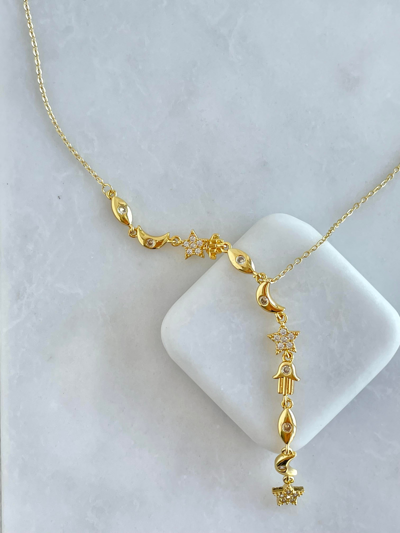Çelik Gömme Taşlı Ay Yıldız Sallantılı Y Model Kolye Gold