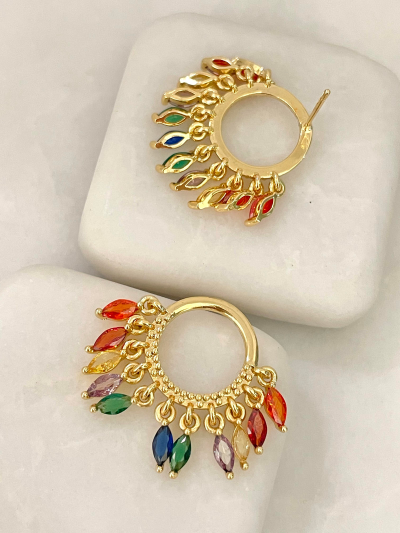 Altın Kaplama Renkli Kristal Taş Sallantılı Daire Küpe Gold