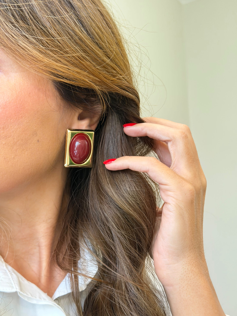 Oval Taşlı Dikdörtgen Vintage Küpe Bordo