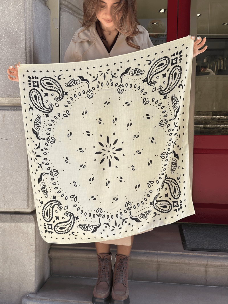 Etnik Desenli Şal-Fular 90x90 cm Bej