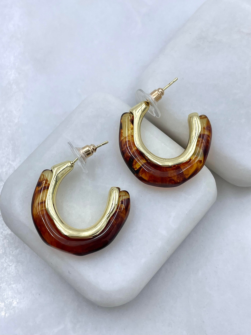 Altın Kaplama Gold Detaylı Halka Vintage Küpe Kahve