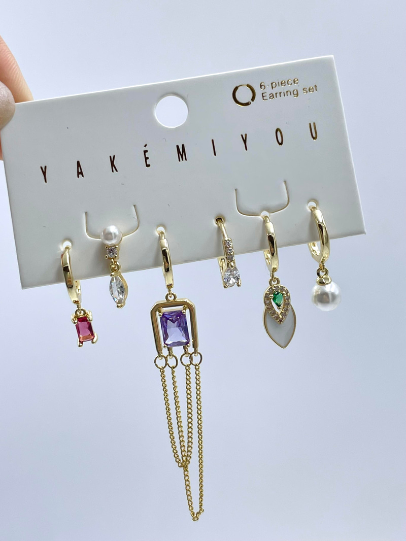 Özel Seri Altılı Renkli Kristal Taşlı ve İncili Küpe Seti Gold