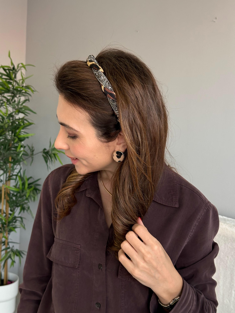 Kristal Füme Taşlı Burgu Leopar Taç Kahve