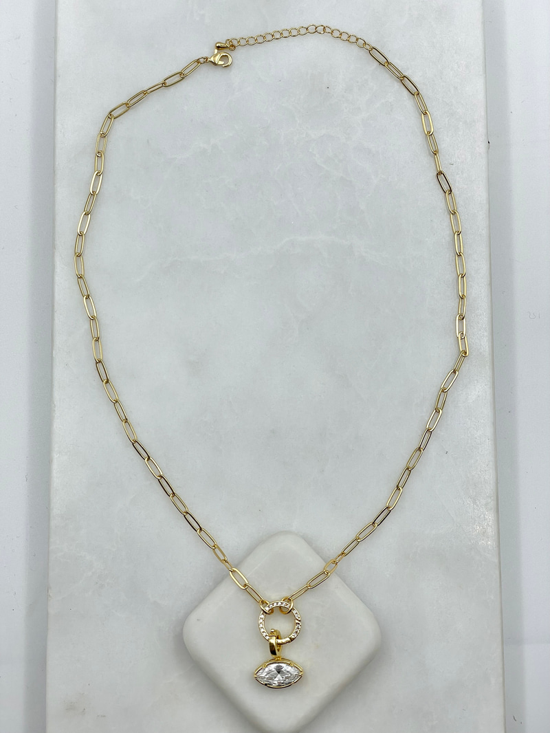 Oval Kristal Sallantılı Ataç Zincir Kolye Gold