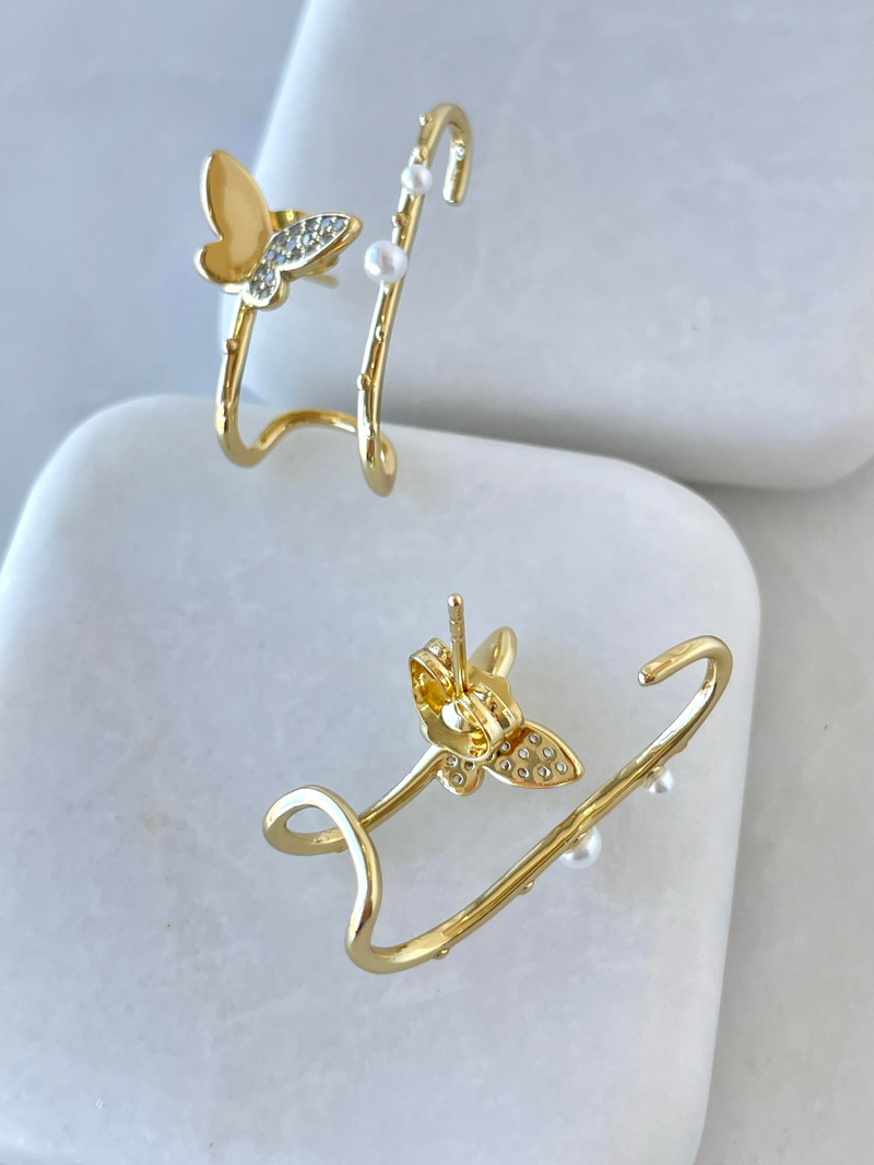 Özel Seri İkili Görünüm İncili Kıkırdak Küpe Gold