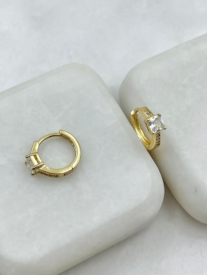 Özel Seri Kare Kristal ve Gömme Taşlı Halka Küpe Gold