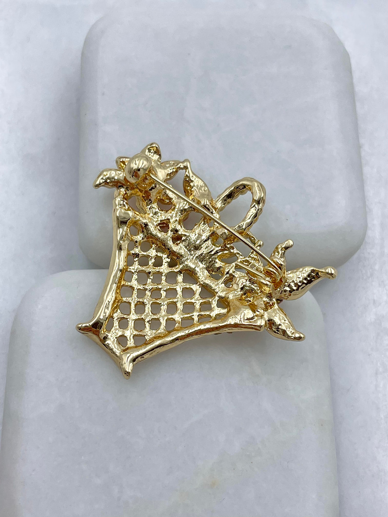 Kristal Taşlı Sepet Çiçek Broş Gold