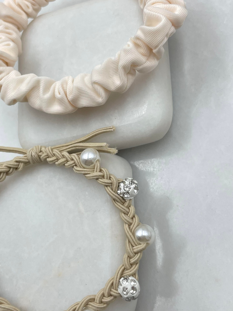 İncili Kristal Topçuk İkili Lastik Toka Krem