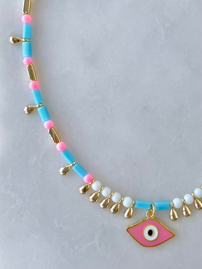 Gold Damla Sallantılı Nazar Kolye Pembe