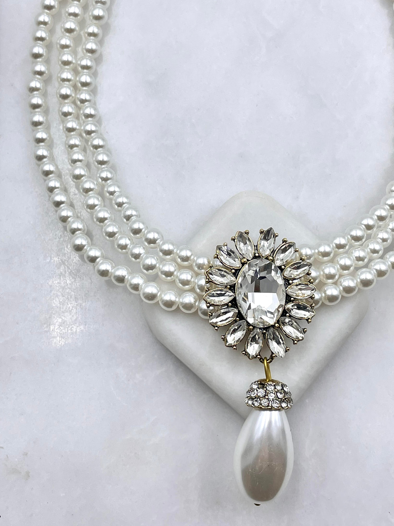 Kristal Taşlı İnci Sallantılı Kolye Gümüş