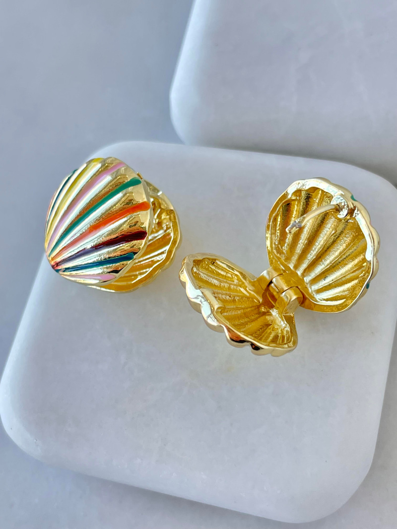 Altın Kaplama Renkli Mineli İstridye Küpe Gold