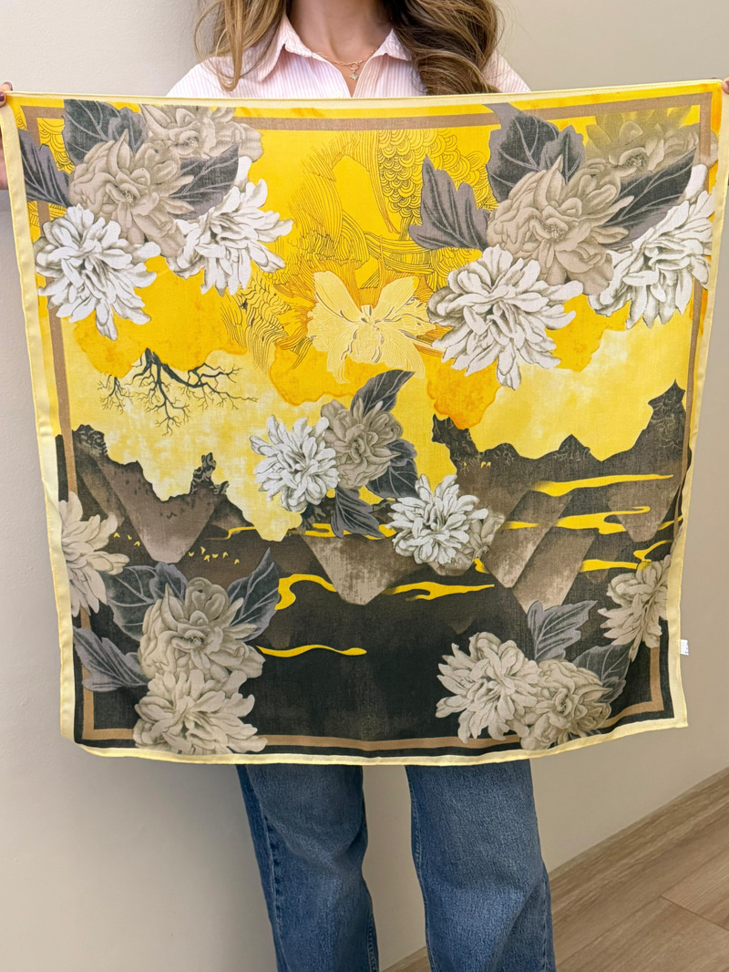 Japon Stili Pamuk Dokulu Şal Sarı 65 x 65 cm Renkli