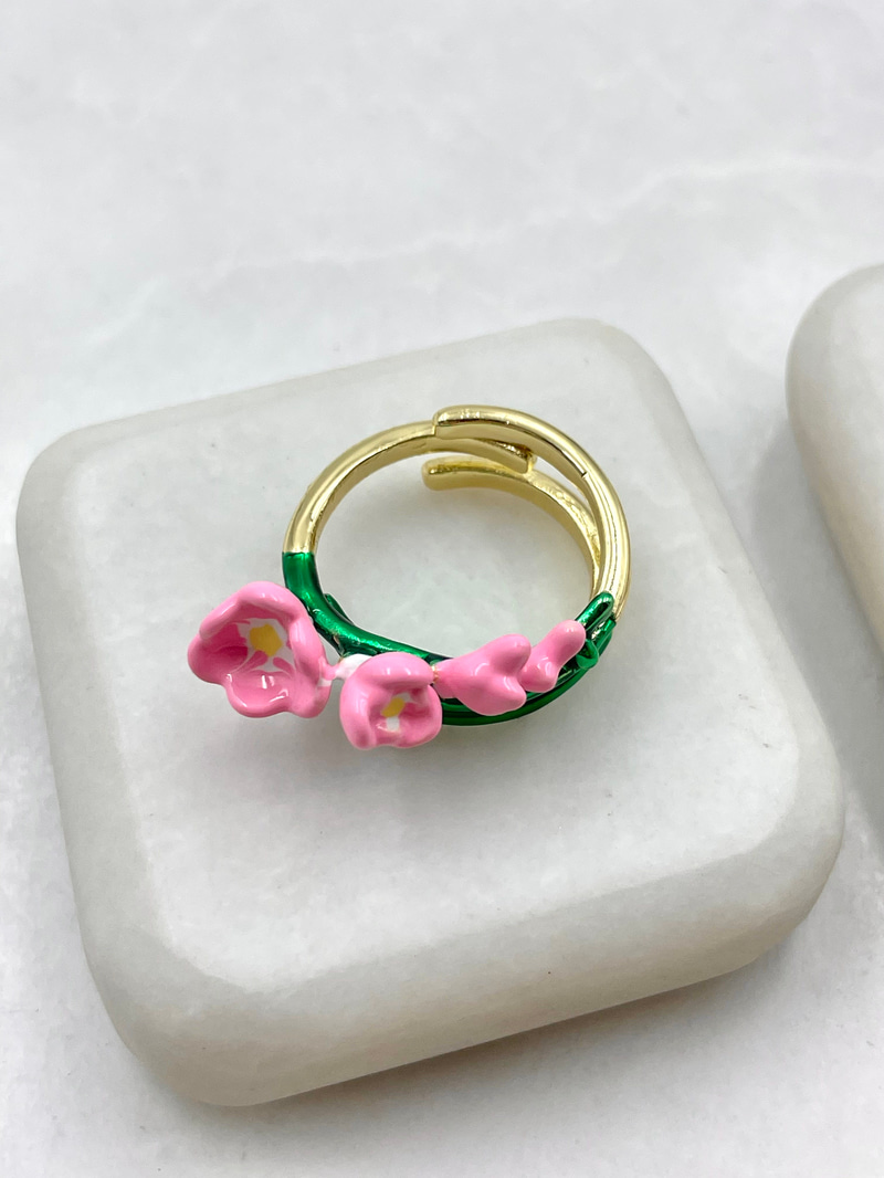 Mineli Pembe Çiçek Yüzük Gold