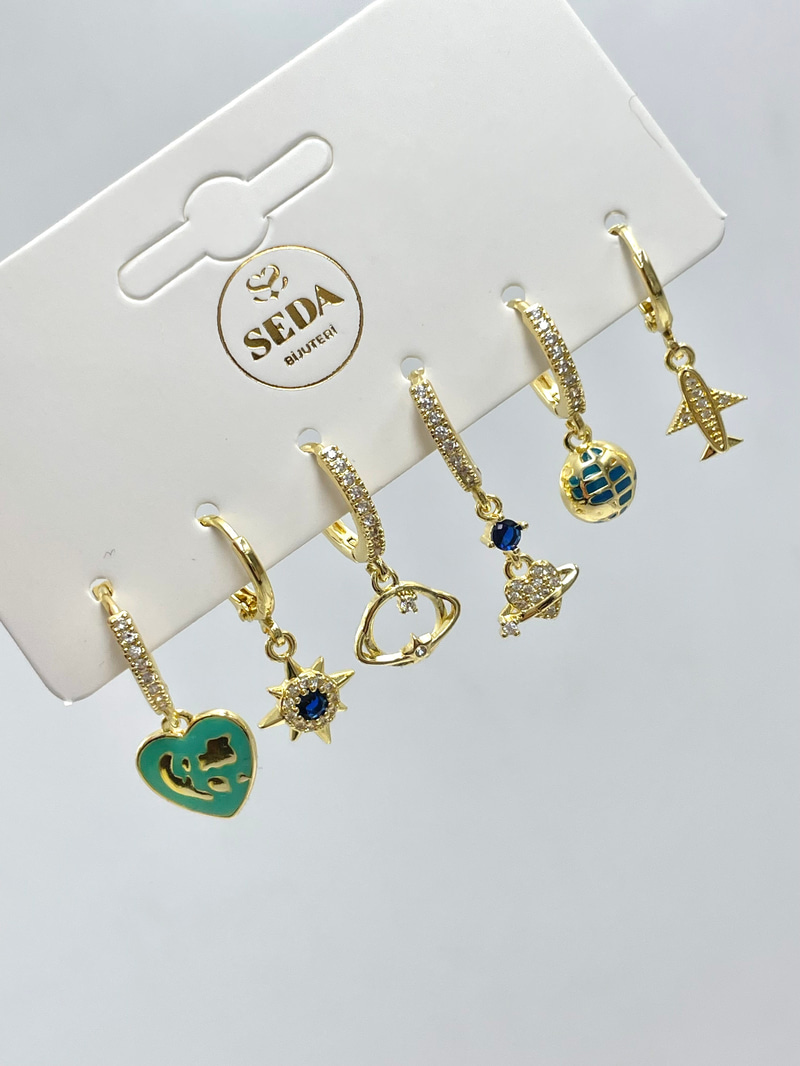 Gömme Taşlı Seyahat Altılı Set Küpe Gold