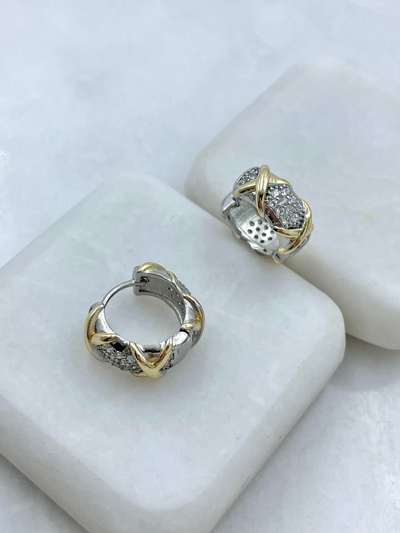 Altın Kaplama X Model Zirkon Taşlı Bombe Halka Küpe Gold