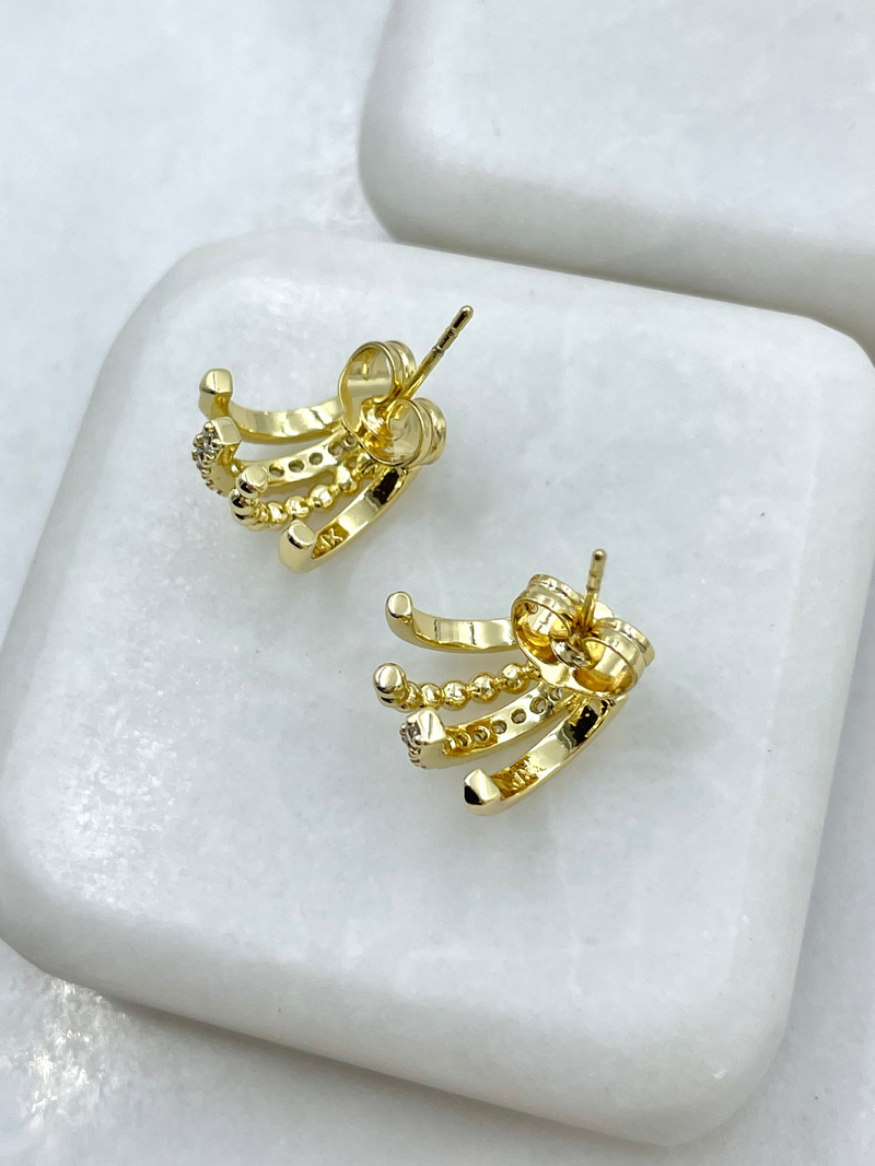 Özel Seri Dörtlü Görünüm Topçuk ve Kristal Taşlı Küpe Gold