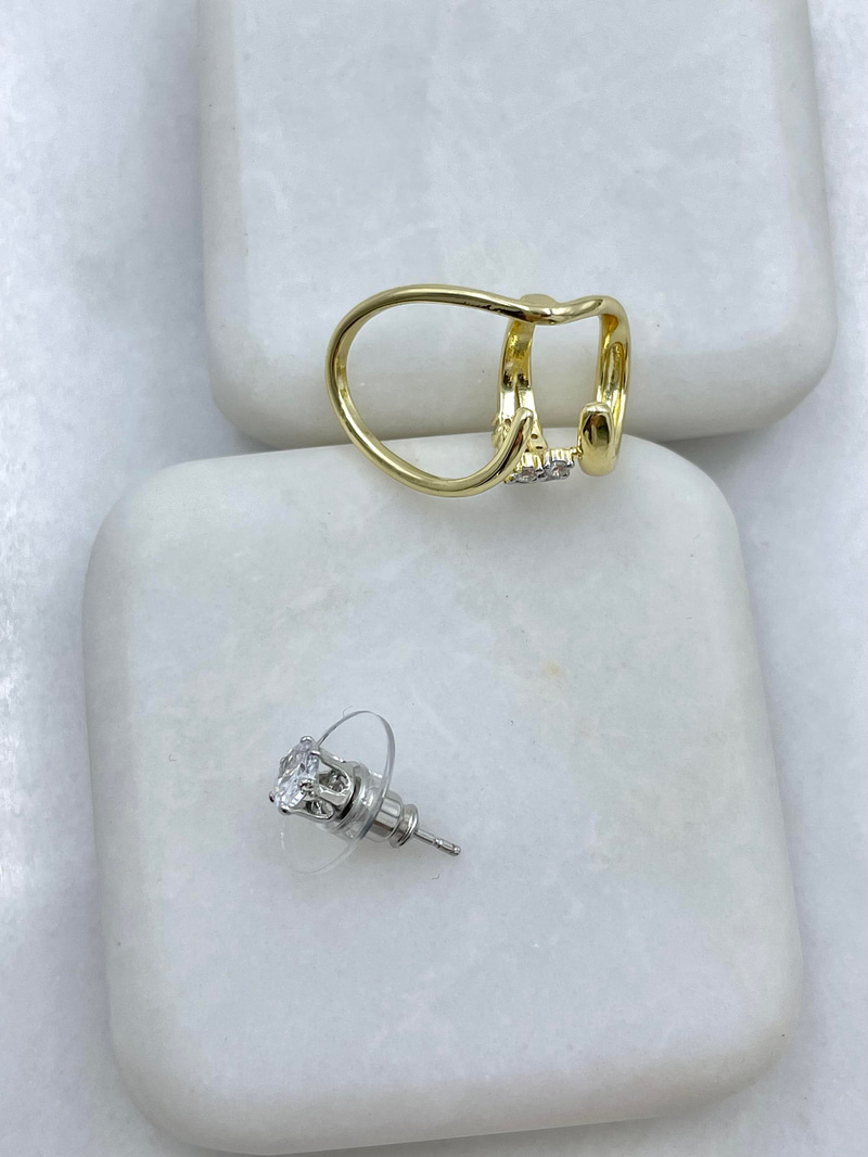 Altın Kaplama Çift Renk Kristal Taşlı Kıkırdaklı Küpe Gold