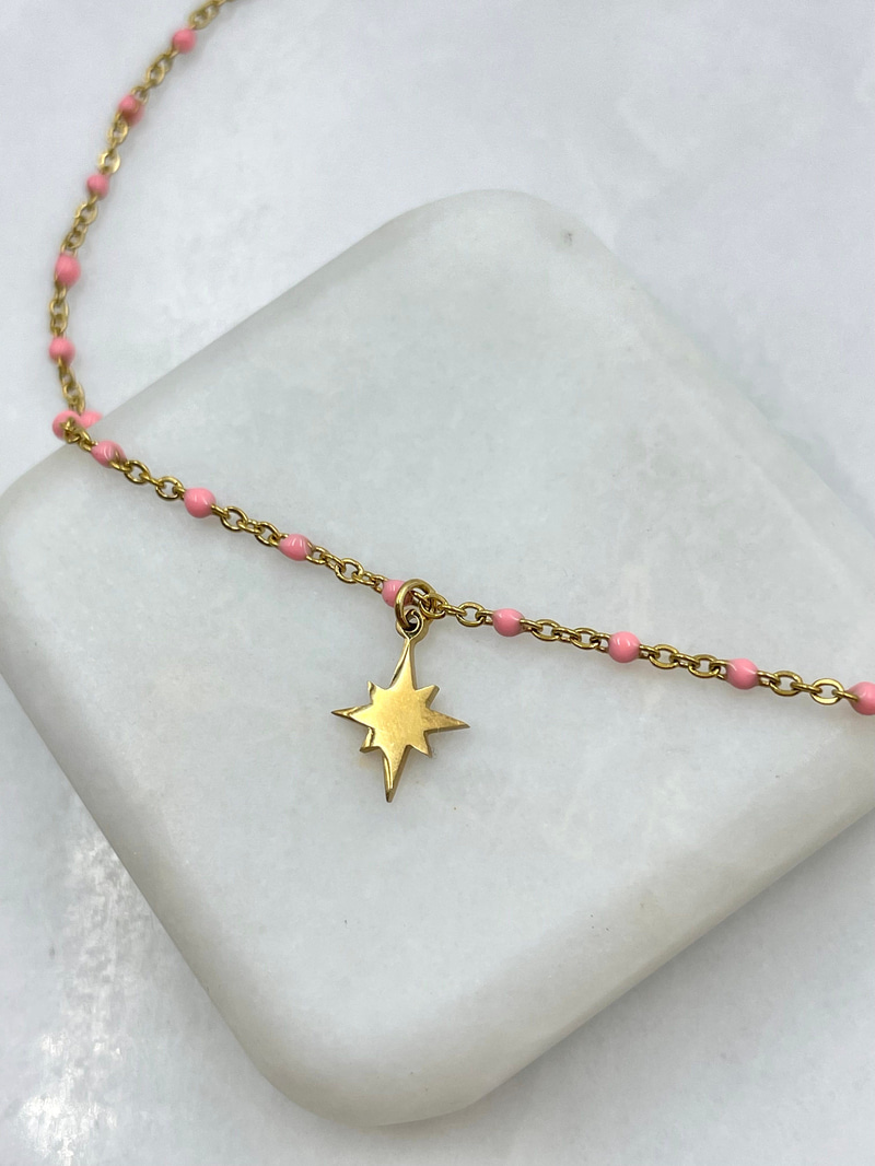 Kuzey Yıldızı Sallantılı Pembe Mineli Zincir Halhal Gold