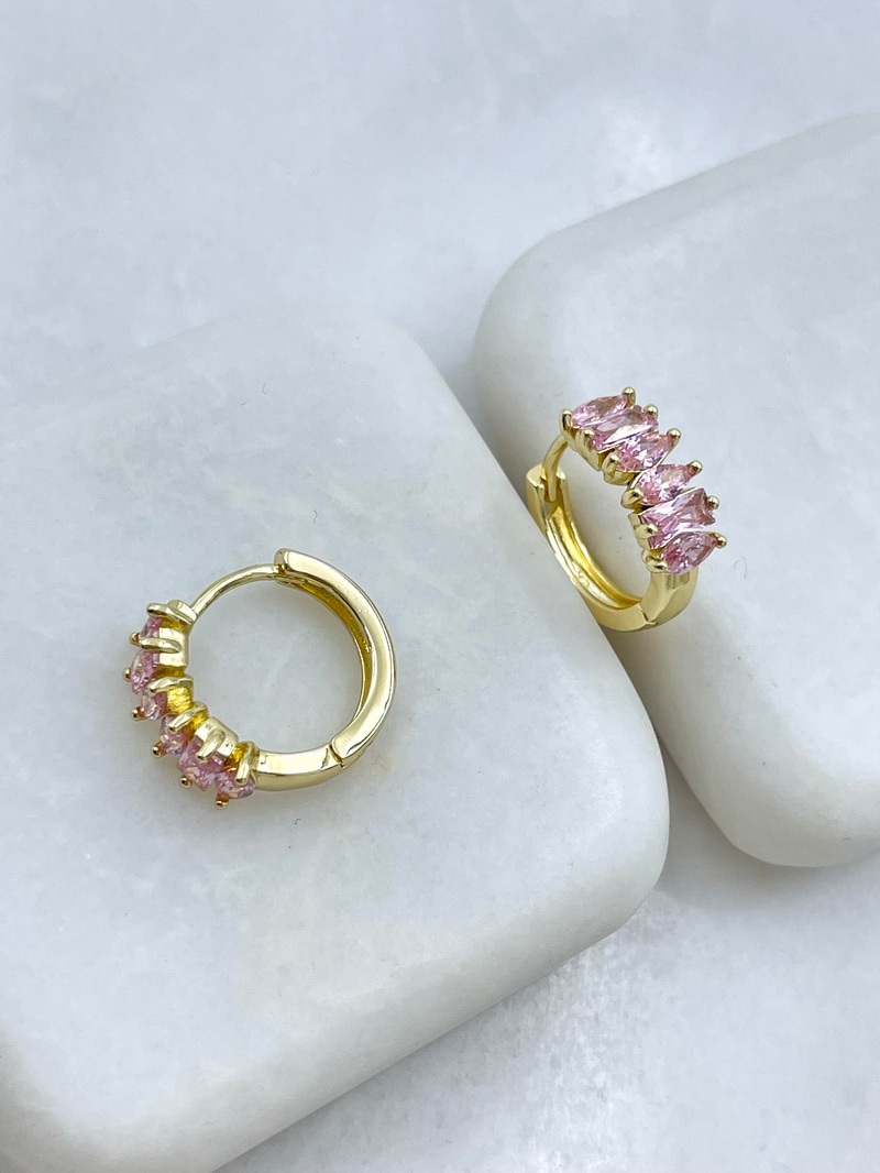 Özel Seri Pembe Kristal Taşlı Halka Küpe Gold