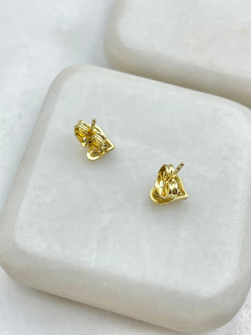 Özel Seri Minimal Gömme Taşlı Kalp Küpe Gold