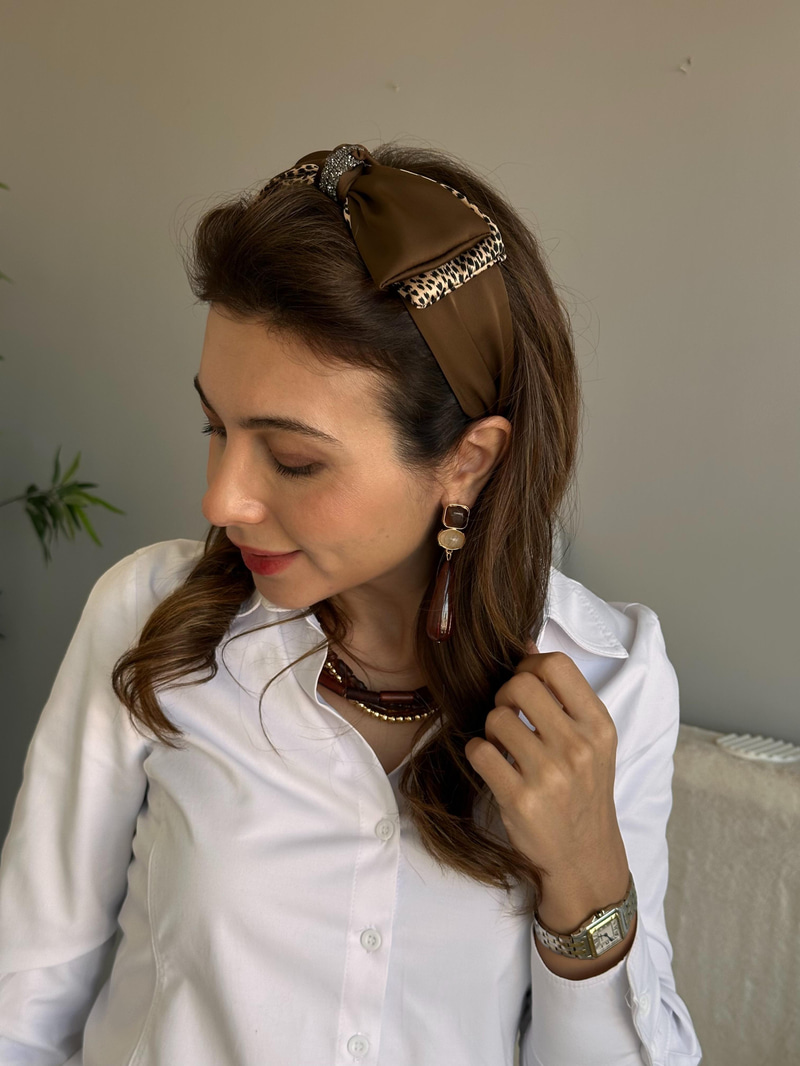 Leopar Desenli Saten Fiyonk Bandana Taç Bej