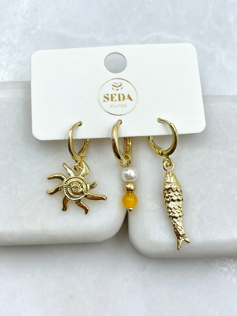 Güneş ve Balık Sallantılı Üçlü Set Küpe Gold