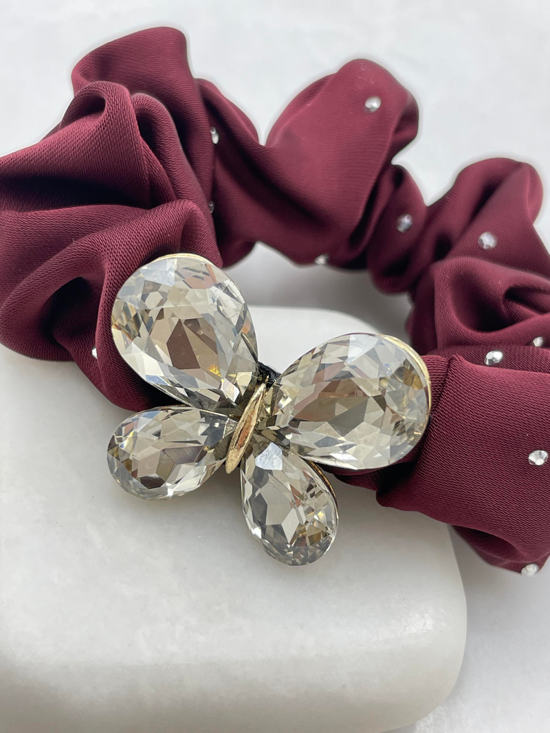 Kristal Kelebekli Premium Scrunchie Toka Bordo