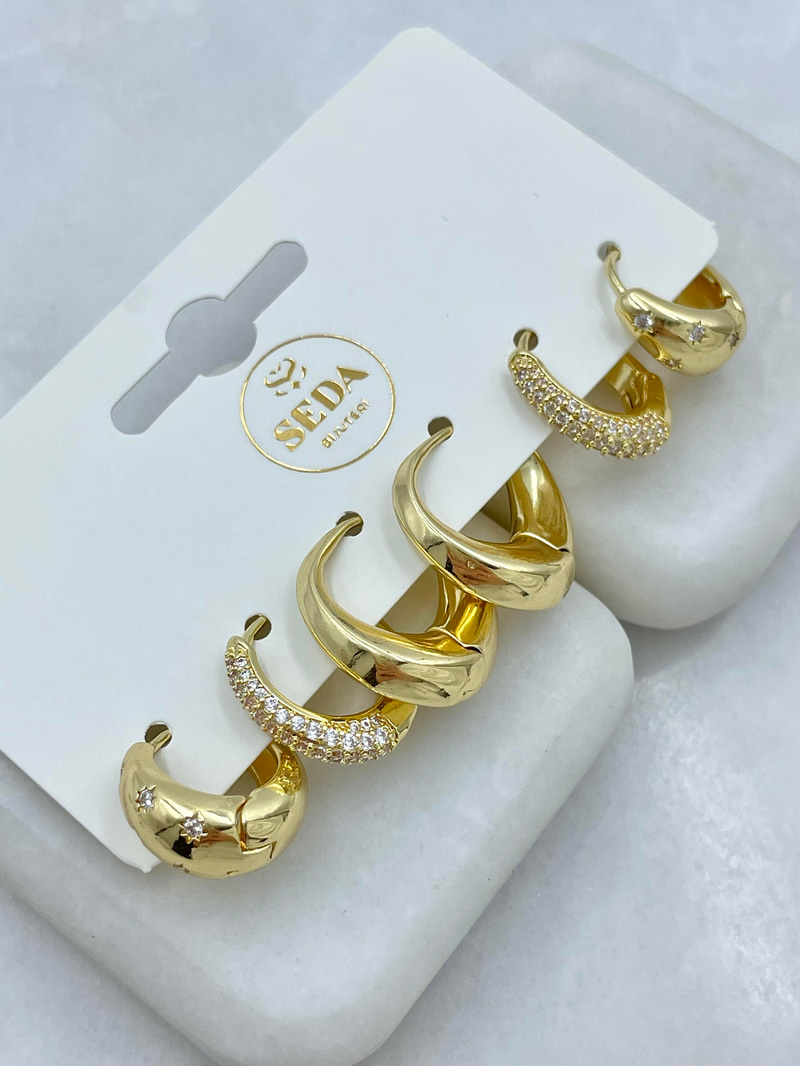 Altın Kaplama Altılı Zirkon Taşlı Bombe Halka Küpe Seti Gold