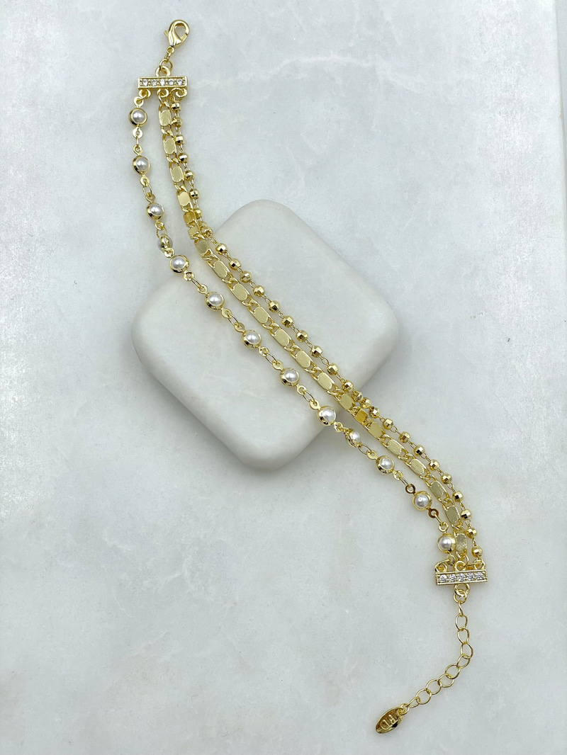 Altın Kaplama İncili Topçuk ve Plaka Zincir Bileklik Gold