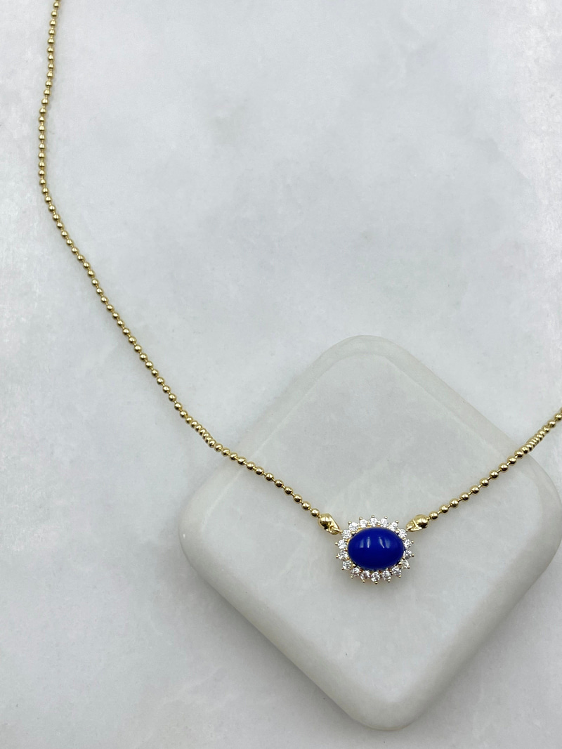 Lacivert Opal Taşlı Topçuk Zincir Kolye Gold