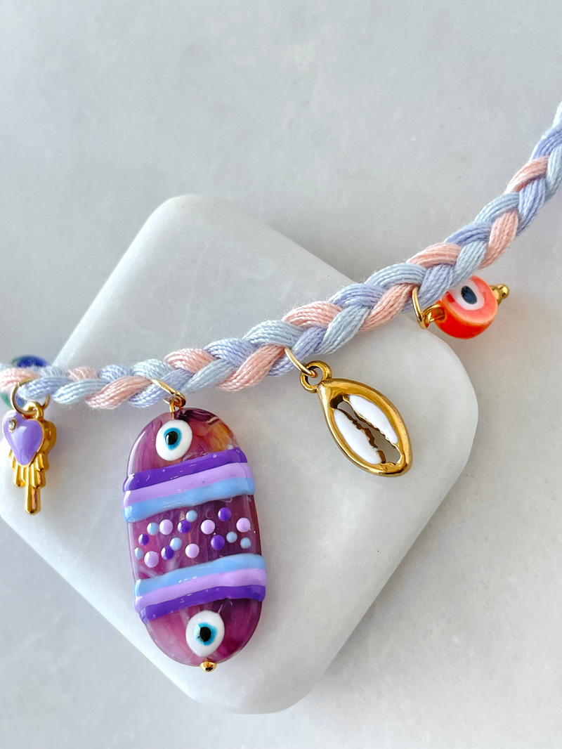 Çelik Cam Boncuk Sallantılı Lila Örgü İp Kolye Gold