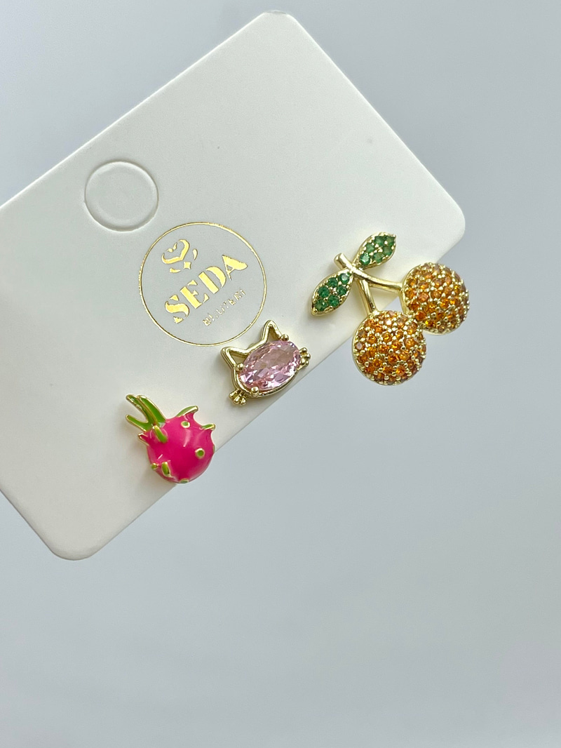 Özel Seri Üçlü Kiraz ve Hello Kitty Model Set Küpe Gold