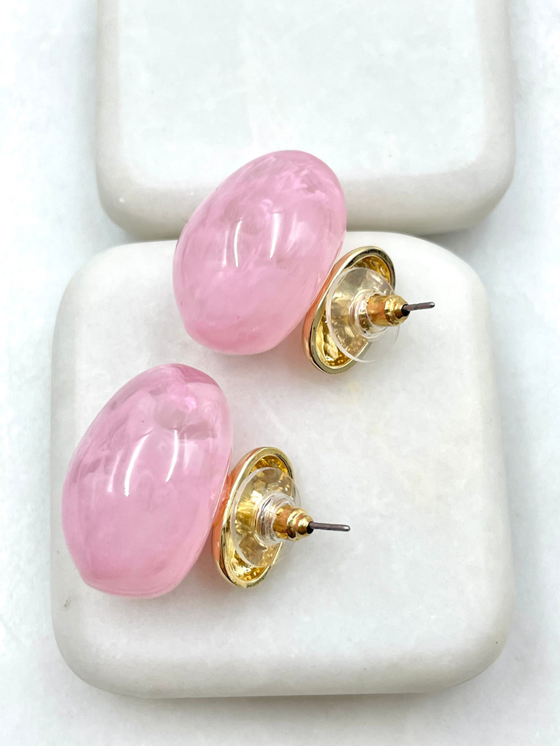 Gold Detaylı Opal Taşlı Vintage Oval Küpe Pembe