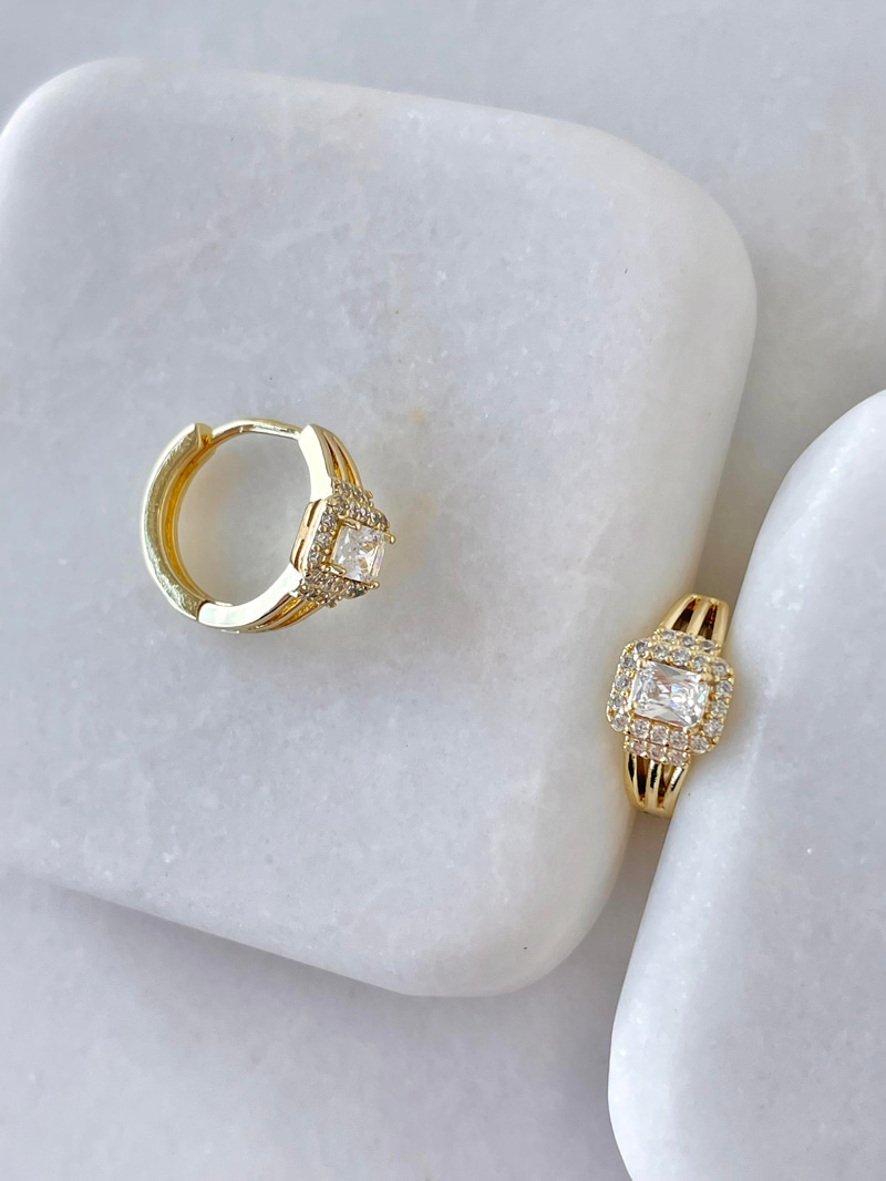 Özel Seri Baget Taşlı Minimal Halka Küpe Gold