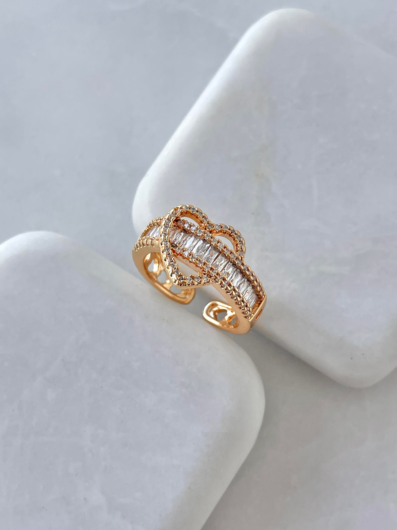 Altın Kaplama Baget Taşlı Kalp Yüzük Gold